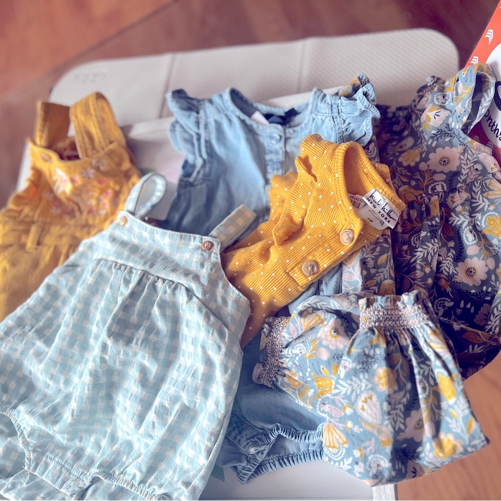 4 piece 3-6 month blue yellow cream baby girl outfit pieces.